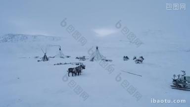 无人机拍摄驯鹿和蒙古包在北极令人惊叹的<strong>景色</strong>中间的视频。4k